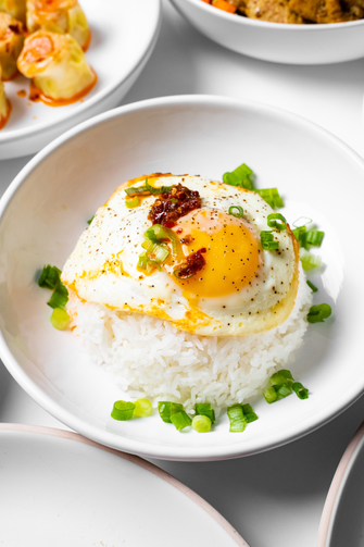 Homemade chili oil sauce over egg and rice
